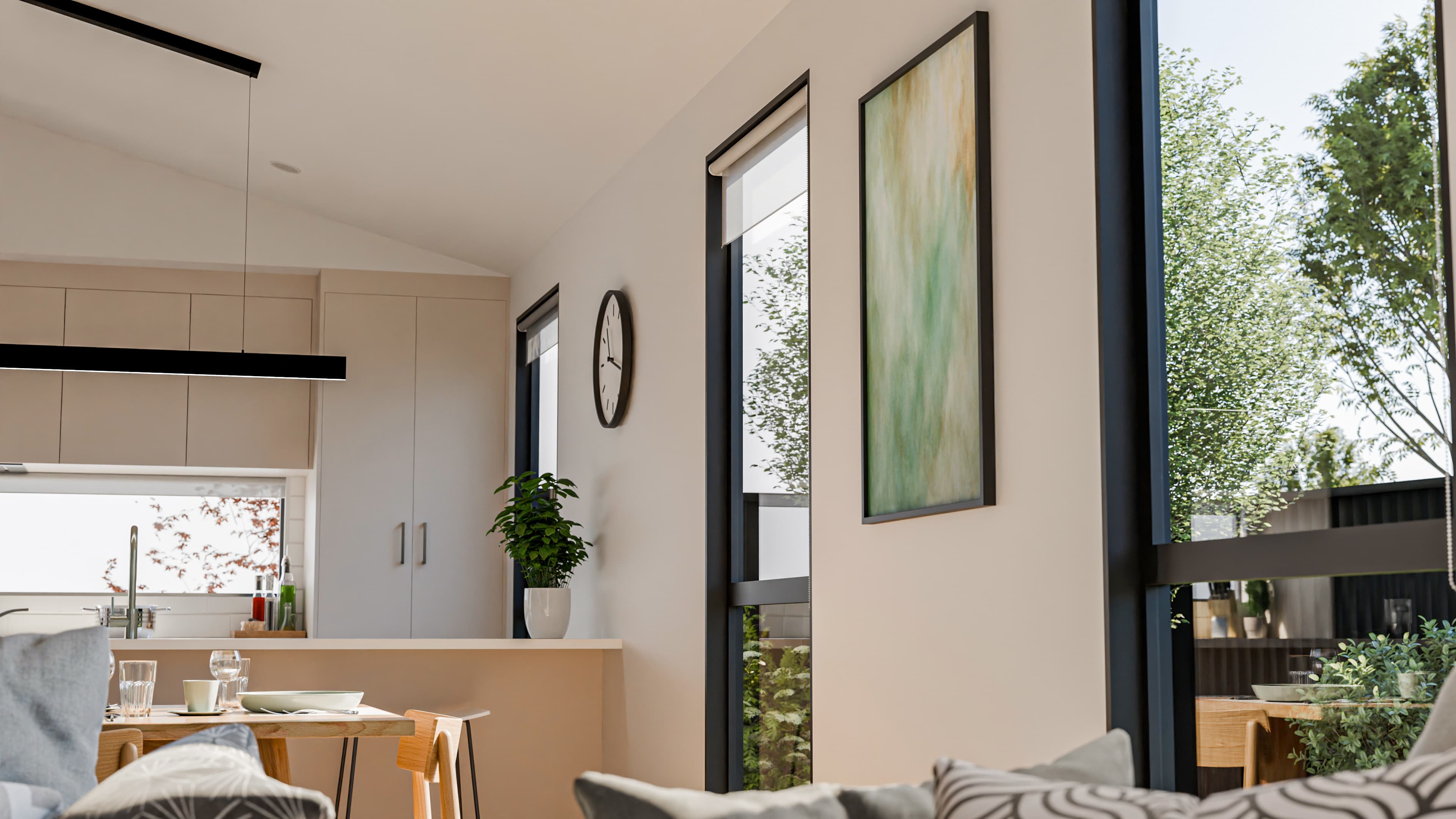 Kitchen with floor-to-ceiling windows opening onto the garden